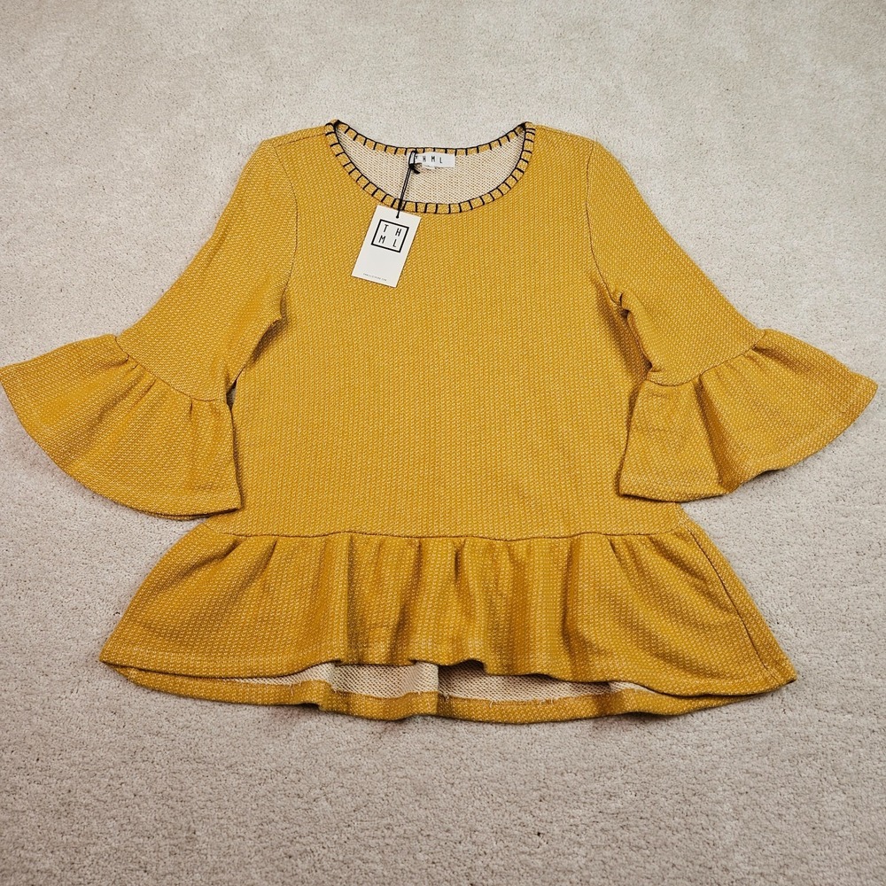 NWT Artisanal THML Anthro S Bell Sleeve Peplum Top Stitch Mustard Yellow Boho